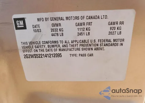 2004 Pontiac Grand Prix Gt2 z USA, uszkodzony, nr VIN 2G2WS522141212095